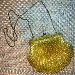 Vintage MAGID Gold Beaded  Clamshell Clutch Purse With Cord Evening Formal Bag